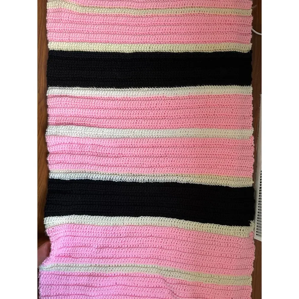 Handmade Knit Crochet Afghan Blanket Neopolitan Pink Cream Black 44